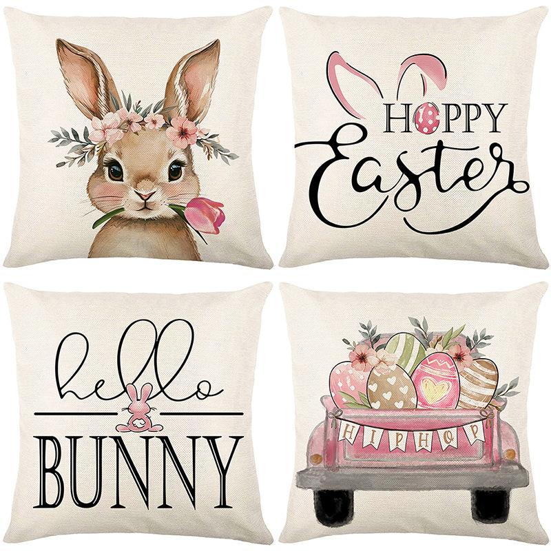 Cross-border Easter Bunny Pillow Cover Holiday Home Decoration Letter Sofa Cushion Cover Bedroom Pillow Cover Wholesale