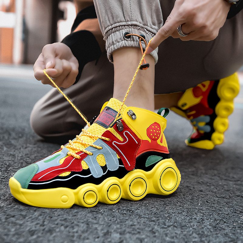 men's color matching mesh surface daddy shoes high top sneakers fashion trend shoes _voghion.com