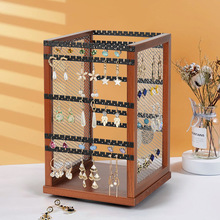 2024铁艺旋转首饰架实木带转盘大容量珠宝饰品架耳钉耳环收纳架子