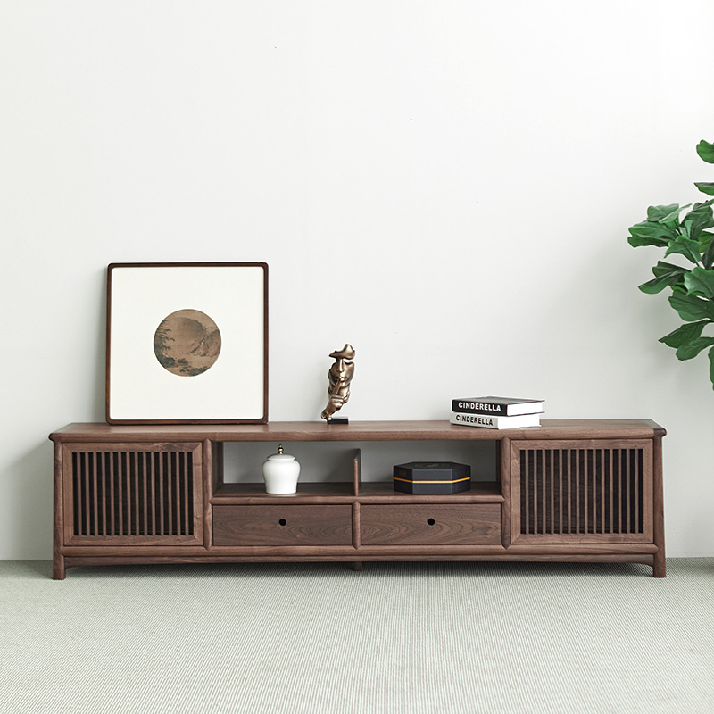 Black Walnut New Chinese Style Tv Cabinet Zen Living Room Floor Cabinet Ash Wood Low Cabinet Matte Log Tv Cabinet All Solid Wood