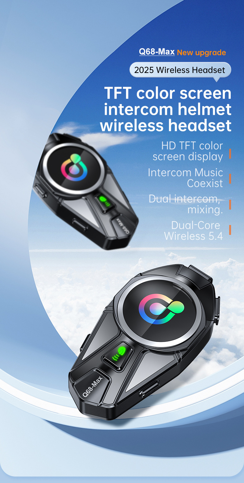Q68Max Cross-Border Popular Helmet Bluetooth Headset with Mixed Sound Music Sharing, Full-Color Screen, Fm Intercom Helmet Headset