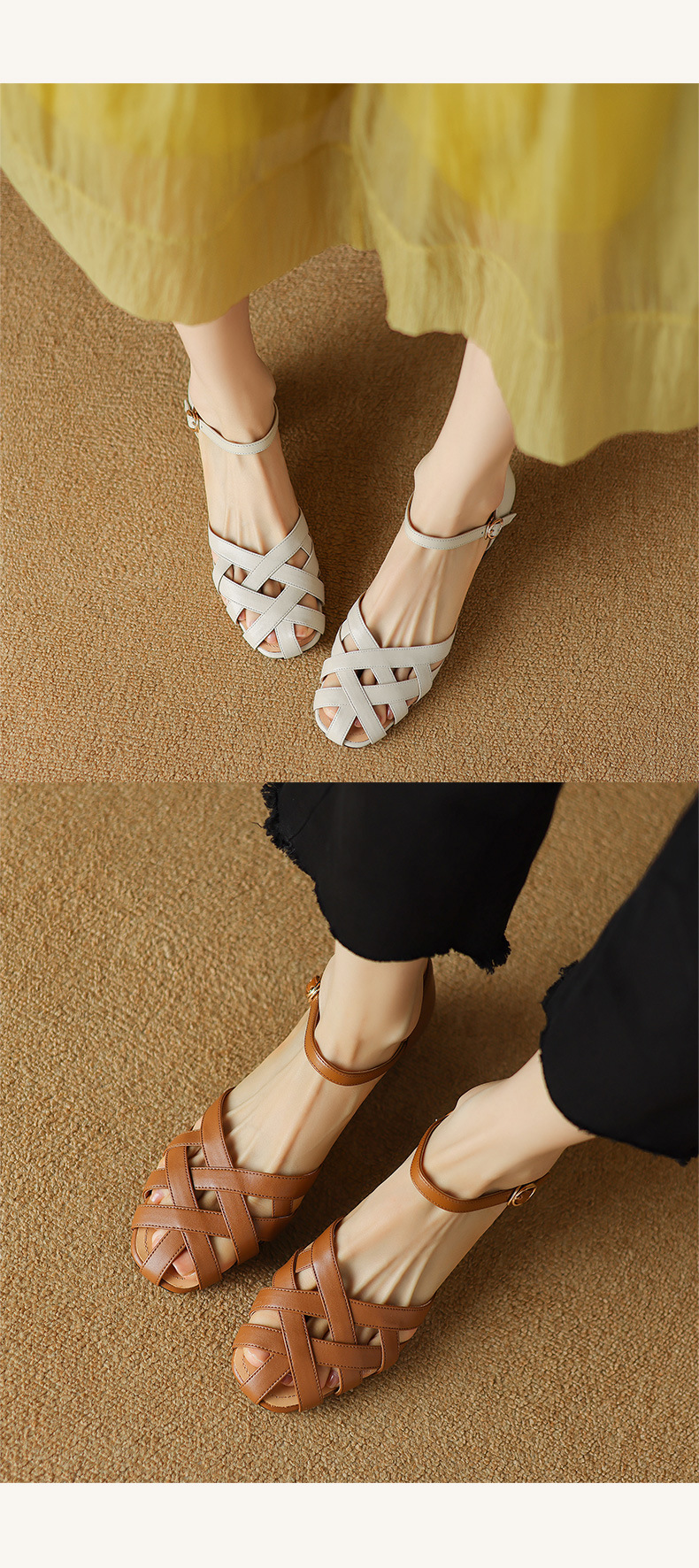 Sandal nữ bít mũi quai ngang da bò thật gót vuông ổn định phong cách La Mã — Màu nâu chi tiết 9