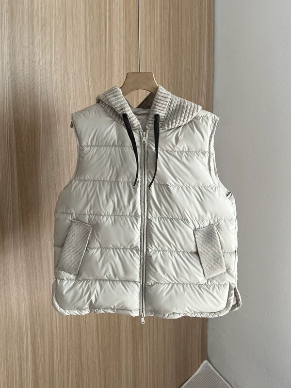 韩版羽绒服马甲女连帽针织拼接洋气时尚休闲坎肩白鸭绒无袖外套|undefined