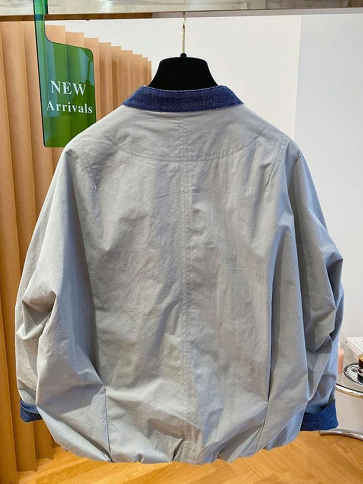Áo khoác ngắn denim phối màu dáng rộng cổ đứng dài tay nữ — màu xám chi tiết 8