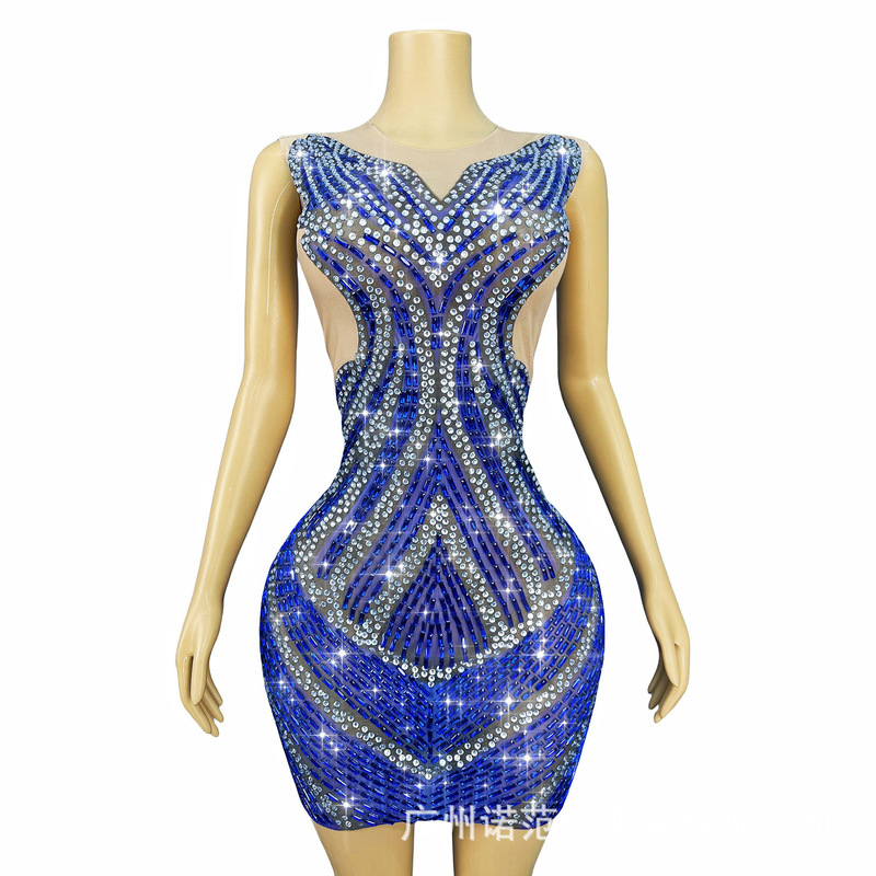 Factory Direct Sale Blue Sparkling Rhinestone Mesh Bodycon Dress for Bar Dj Singer Performance Special Occasion Dress