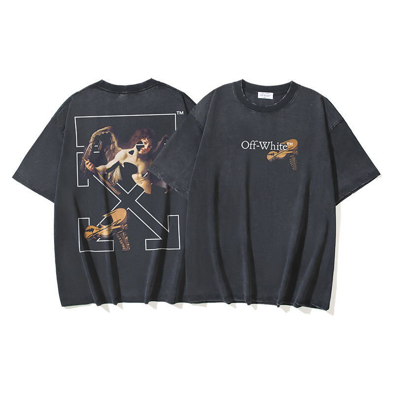 Street Style Off-White Washed and Distressed Double Yarn Pure Cotton Cupid's Arrow Print Unisex Short-Sleeve T-Shirt Wholesale
