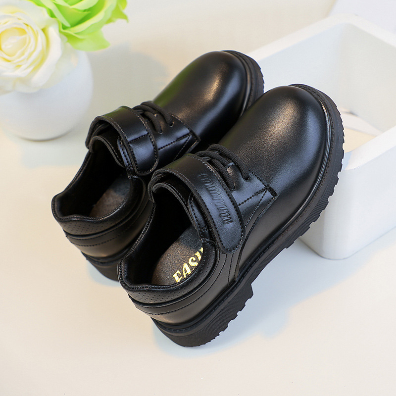Children's Boys' Black Leather Shoes with Shiny Glossy Round Toes for Primary and Secondary School Students, Kindergarten, and School Etiquette Performances
