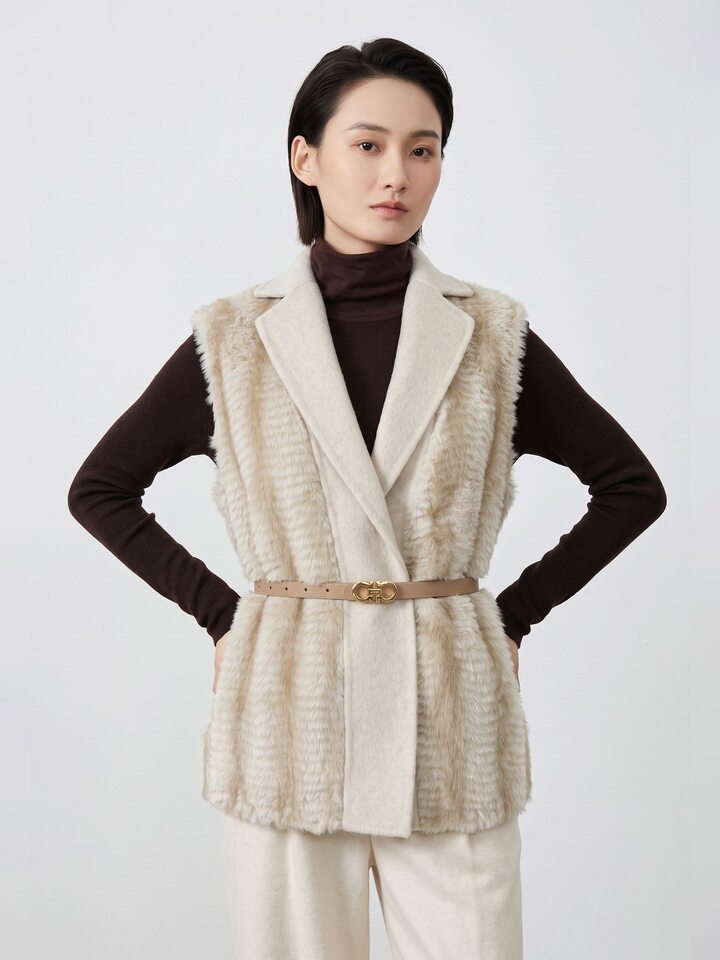 Áo gile lông cừu nữ cổ ve áo, thắt lưng da, dáng ôm tôn dáng, không tay khoác ngoài — màu