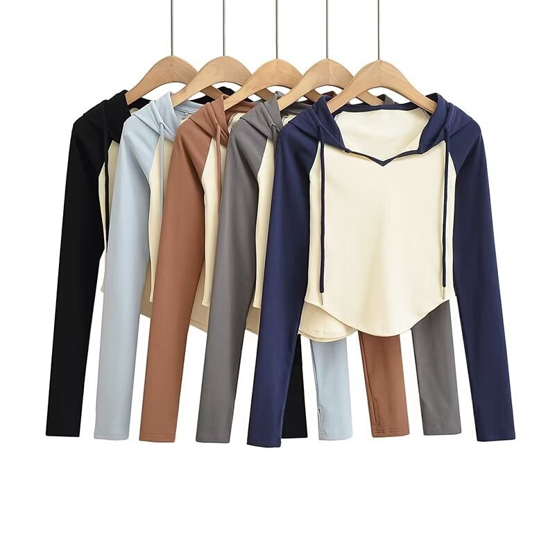 Hooded Long-sleeved T-shirt Women's 2022 Spring and Autumn New Contrast Color V-neck Base Shirt Slim-fit Spice Girl Short Top