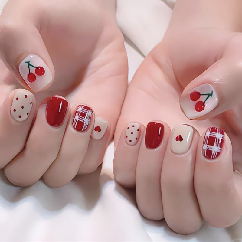 New Year's Autumn and Winter Christmas Wave Dot Love Plaid Fresh Cherry Short 24 Pieces Wearable Nail Patch