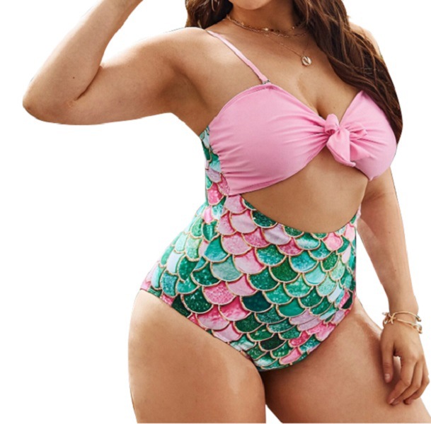 plus size sling hollow Fish scale print one-piece swimsuit NSVNS117581