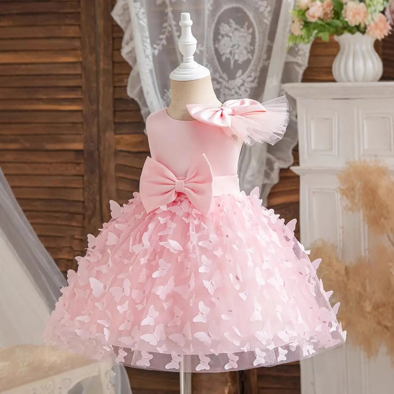 女の子の新しい純色の蝶刺繍蓬蓬蓬姫の誕生日の晩餐会の公演のドレスの洋風の祝日のワンピース|undefined