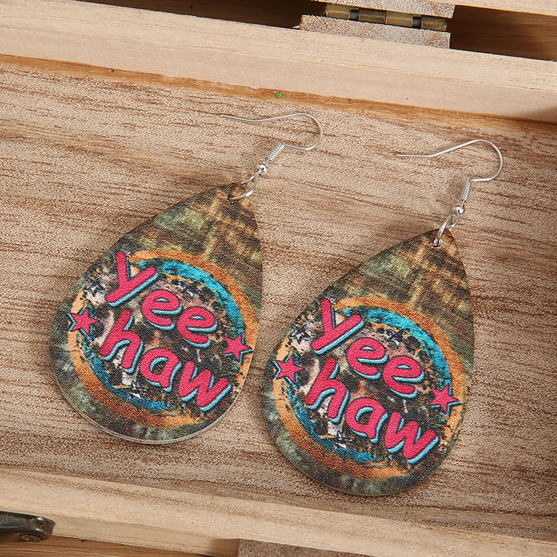 Drop-shaped Pu Leather Distressed Letters Vintage Pattern  Earrings display picture 2