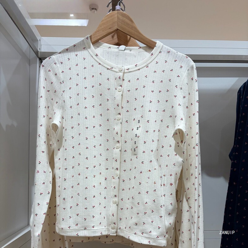 26 Women's Jacquard Ribbed Printed Cardigan Long-Sleeved Round Neck Bottoming Shirt Small Floral Cardigan Spring New Cotton 485717