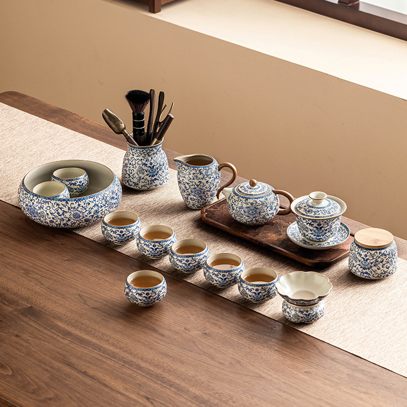 汝窯工夫茶道具青花の枝蓮ティーポット主人杯公道杯茶葉缶陶磁器蓋碗セット|undefined