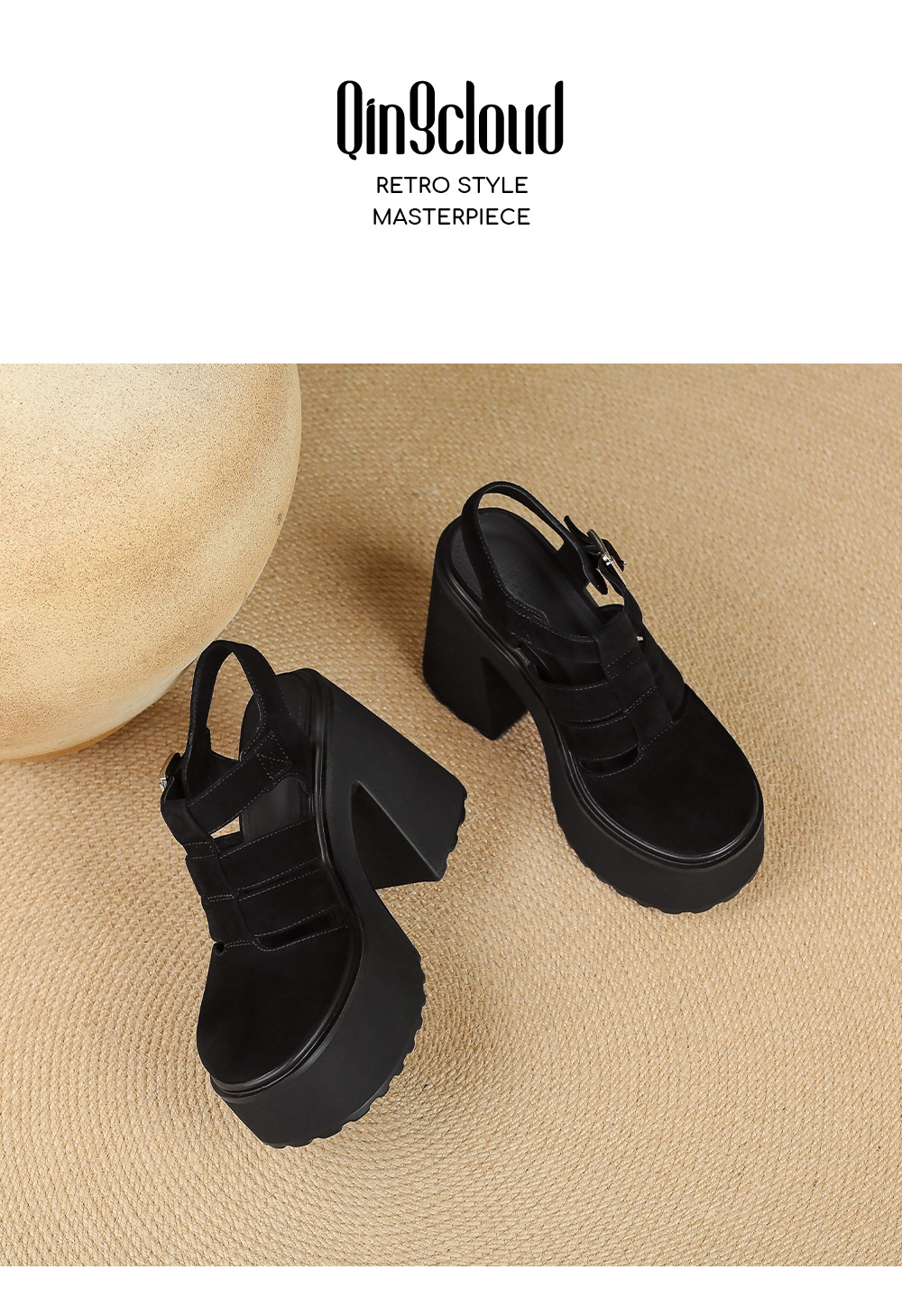 Sandal cao gót nữ mũi kín quai T đế xuồng phong cách La Mã — Da cừu lông đen, Da bò đen chi tiết 13