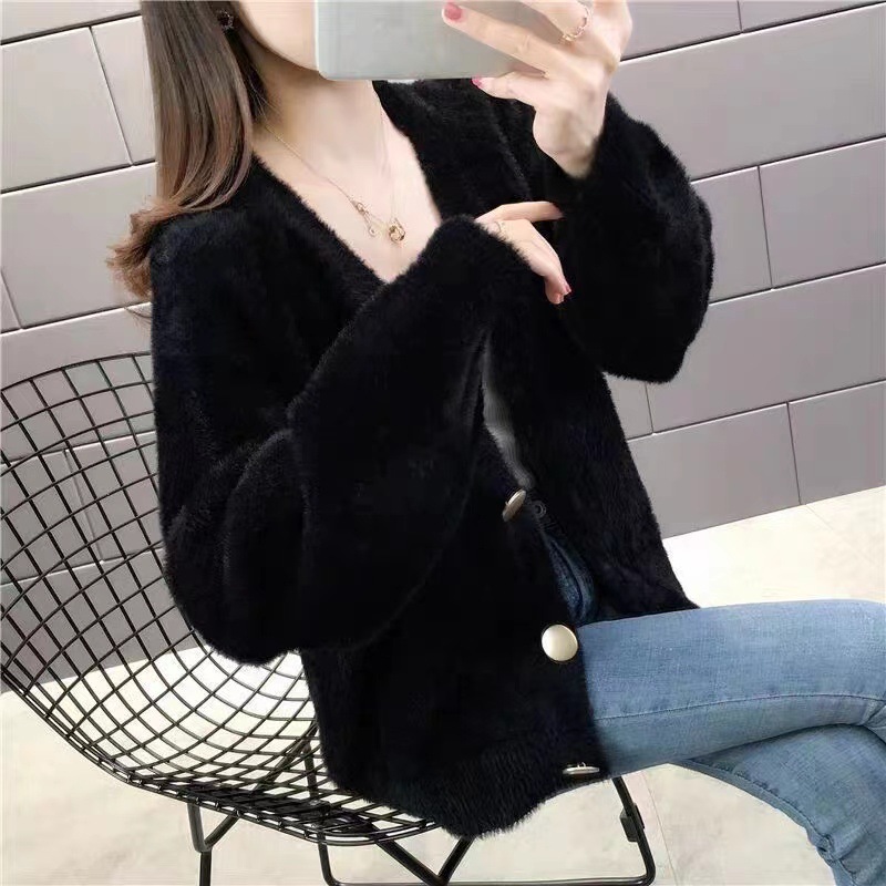 2023 otoño y el invierno nuevo estilo coreano Faux visón terciopelo punto cardigan abrigo suéter de las mujeres corto flojo exterior superior