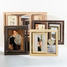 跨境复古深棕色创意双面旋转相框6寸摆台木制框架画框节日礼品