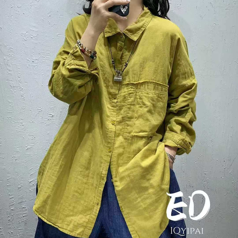 Ed3500 Solid Color Cotton and Linen Loose Large Edition Rough Edge Design Shirt Spring and Autumn Fashion Mid-length Long Sleeve Shirt for Women