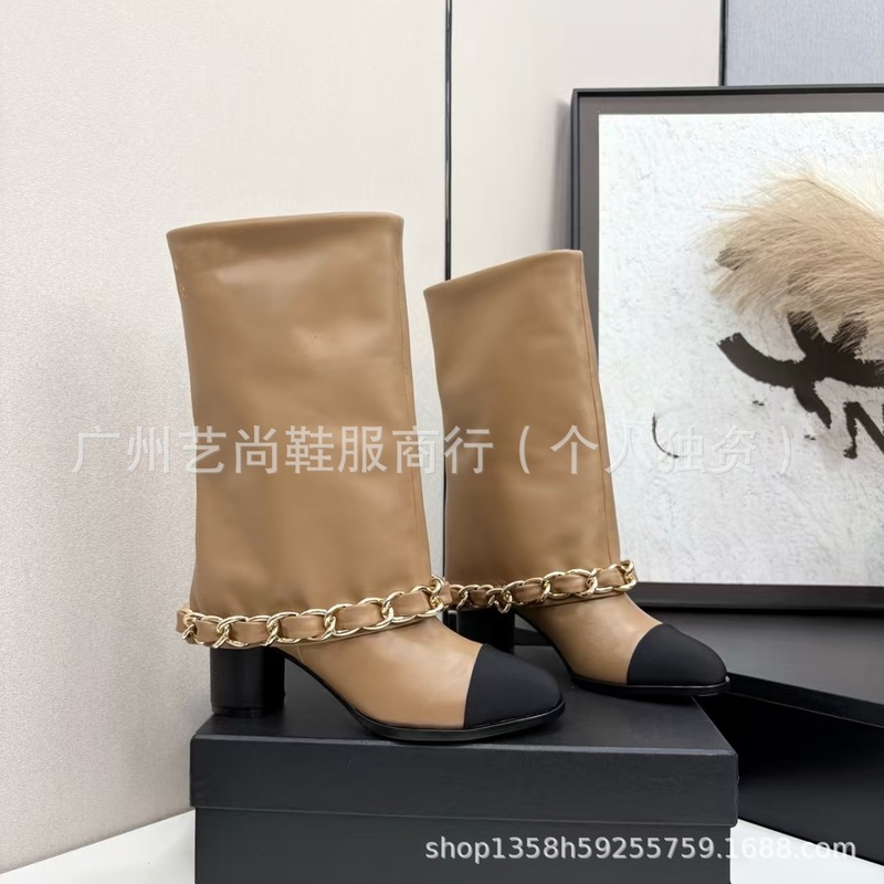 高版2025秋冬小香风真皮圆头拼色金属链条粗高跟中筒骑士靴裤靴女|undefined