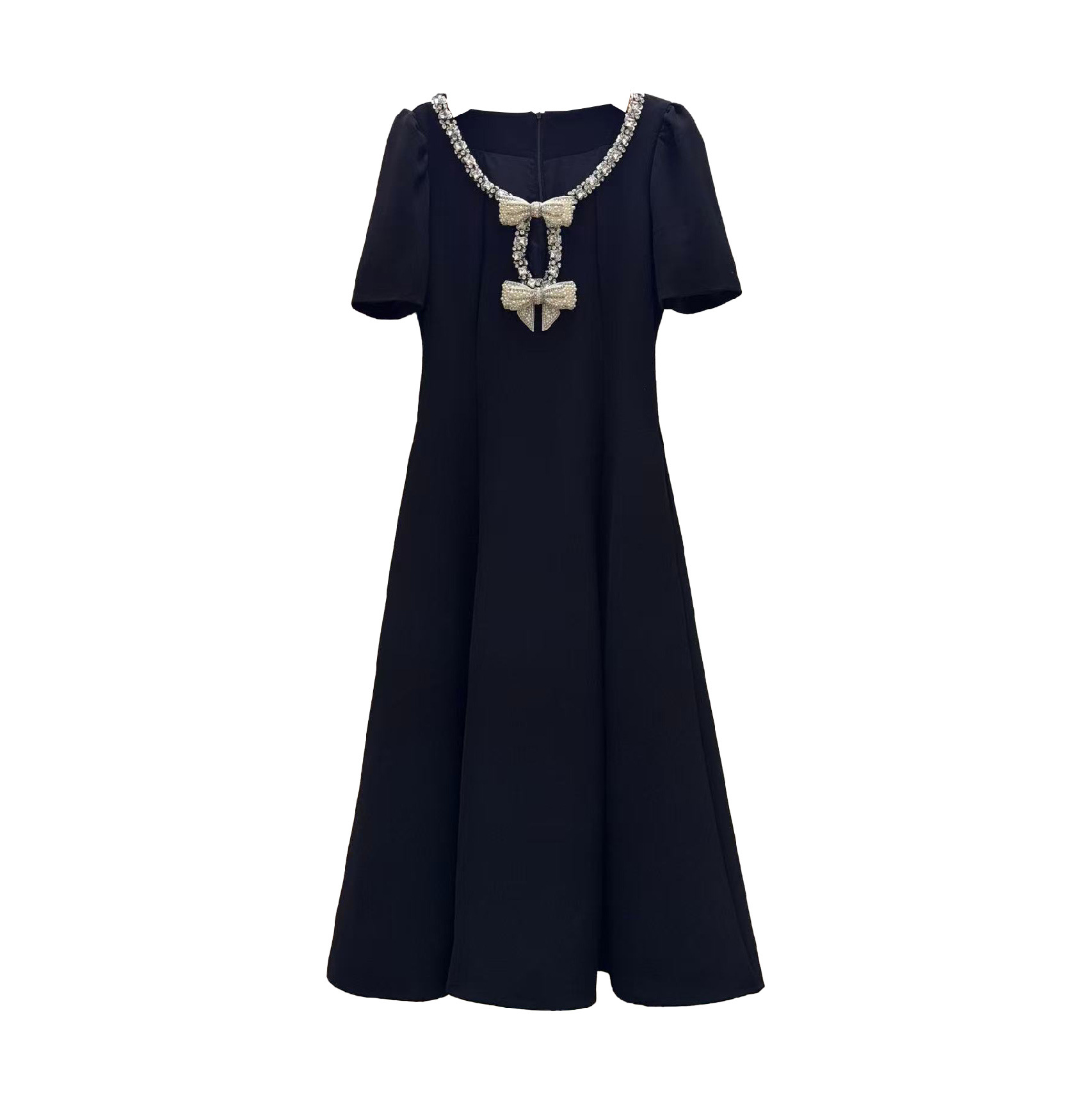 Elegant Retro Diamonds Stitching Bow Decorative Short Sleeved Maxi Dress 14 Elegant Retro Diamonds Stitching Bow Decorative Short Sleeved Maxi Dress