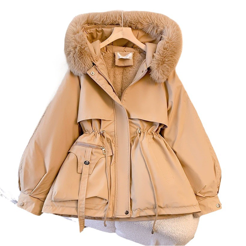 Женская трансграничная парка 2025 года, с поясом, капюшоном, большим меховым воротником, на флисовой подкладке, хлопковая куртка, модное корейское осенне-зимнее пальто, теплая.