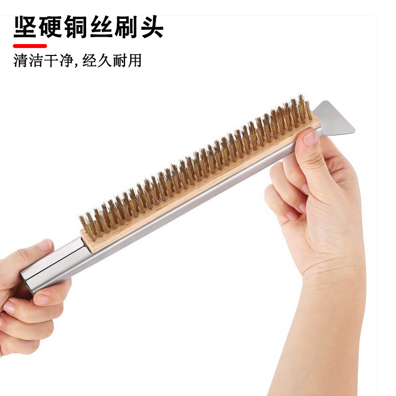 跨境现货木柄铜丝刷耐高温烧烤架披萨炉刷硬丝去油垢钢丝清洁刷子|undefined