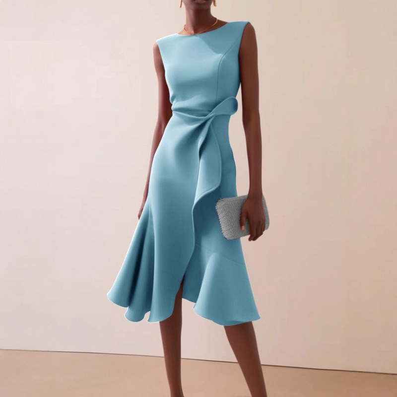 European and American Women's New Fashion 2025 Amazon Independent Site Sleeveless Solid Color Round Neck Mid-Length Dress for Women European and American Women's New Fashion 2025 Amazon Independent Site Sleeveless Solid Color Round Neck Mid-Length Dress for Women