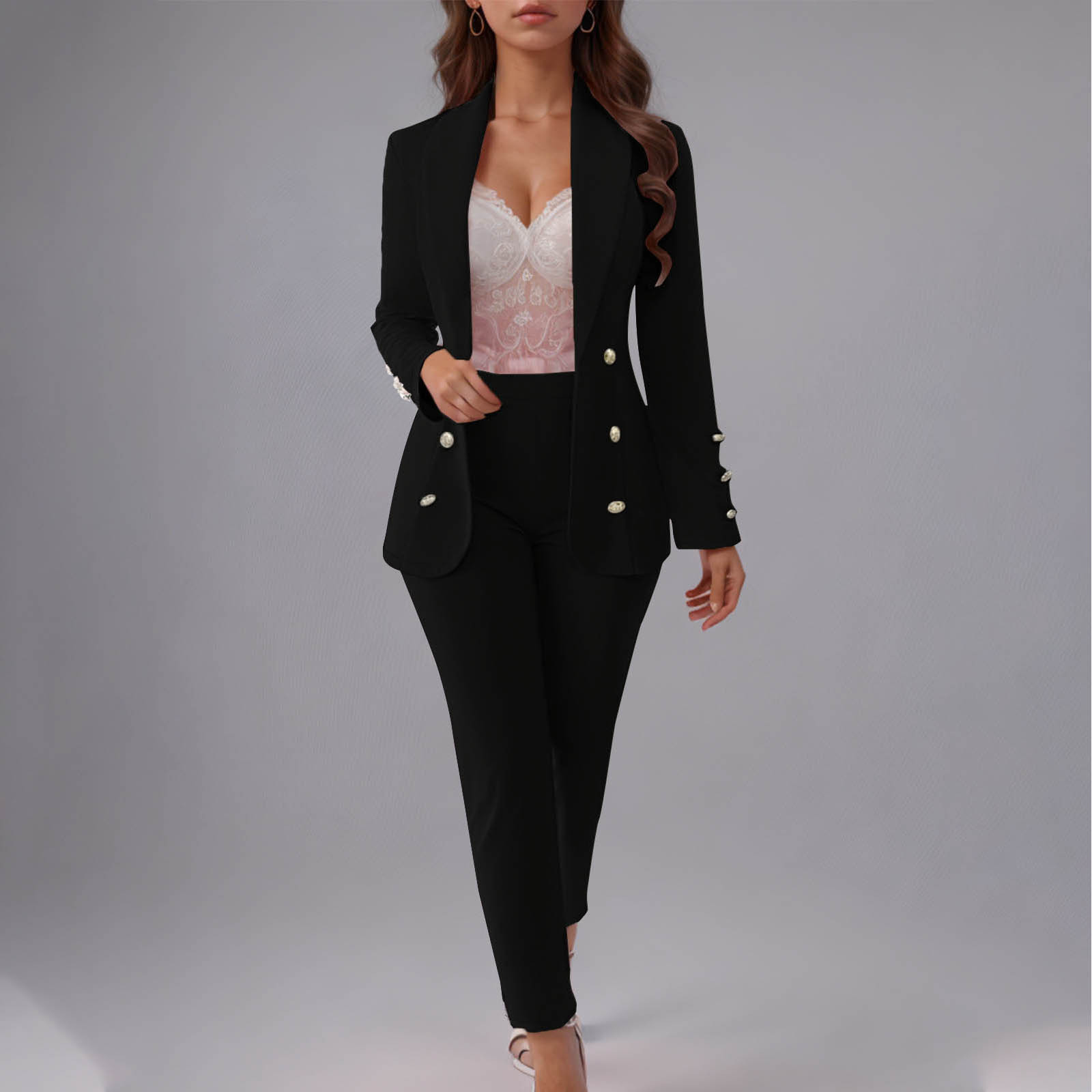Women's Button-Up Blazer Set – Slim Fit Notch Lapel Suit Jacket & Pants (S-3XL, Poly-Spandex, Wrinkle-Free Office Wear)​_ecoleips.com