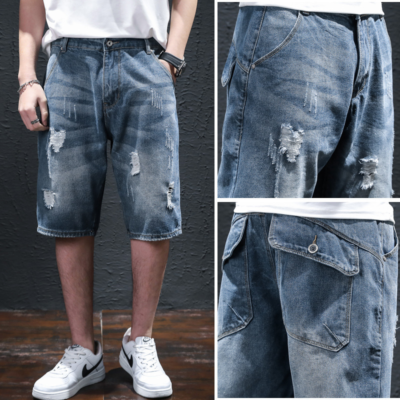 Men's ripped denim shorts, loose-fitting workwear style, five-point length, casual, trendy, Instagram-worthy, summer fashion, versatile mid-length pants, riding pants