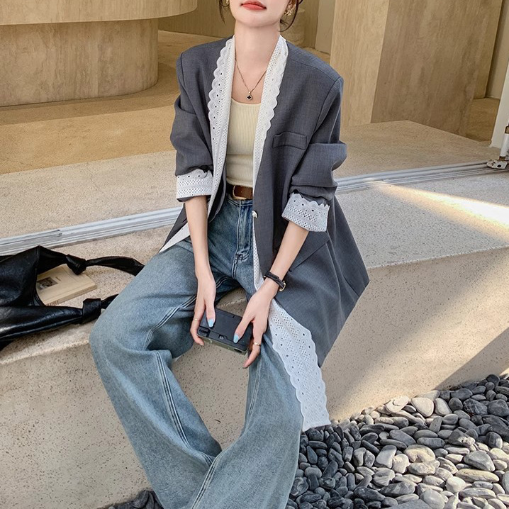 预售蕾丝拼接灰色休闲西装外套女春秋2025新款宽松显瘦气质西服|undefined