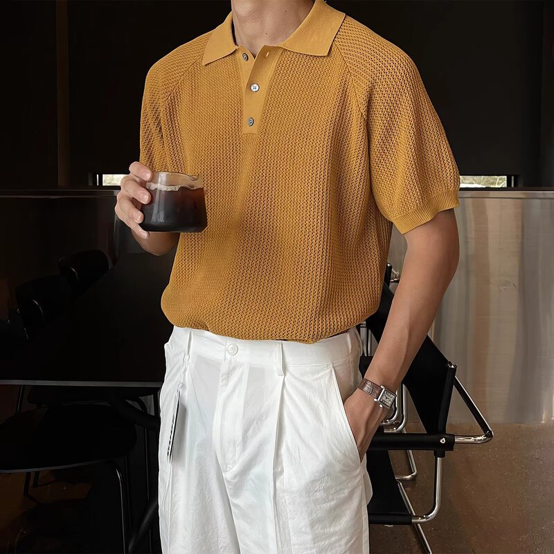 Cooling Honeycomb Polo Knit Shirt for Men, New Summer Style, Stylish Solid Color, High-End Loose Fit, Turn-Down Collar Short-Sleeve T-Shirt Top