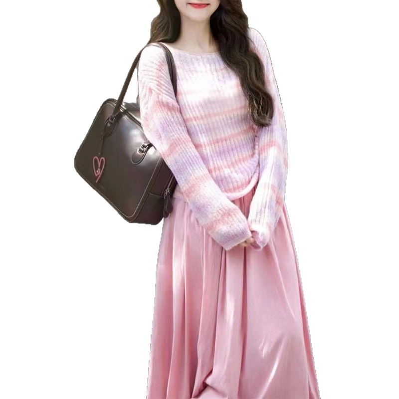 粉色条纹连衣裙子套装女2025新款春秋季韩系氛围感穿搭高级感长裙|undefined