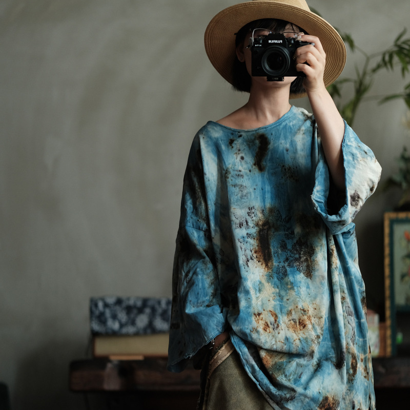 Vintage Handmade Plant-Dyed Knitted Cotton Loose-Fit Versatile Base T-Shirt 2337 Rust Blue Vintage Handmade Plant-Dyed Knitted Cotton Loose-Fit Versatile Base T-Shirt 2337 Rust Blue