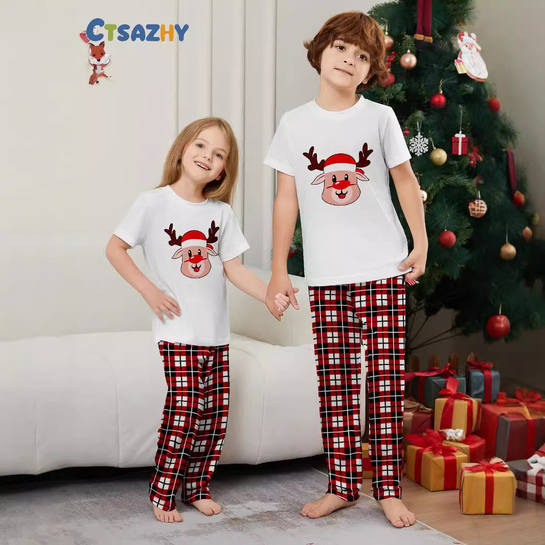 Christmas Short-sleeved Christmas fawn plaid Christmas family print home dress pajamas_viptrois.com