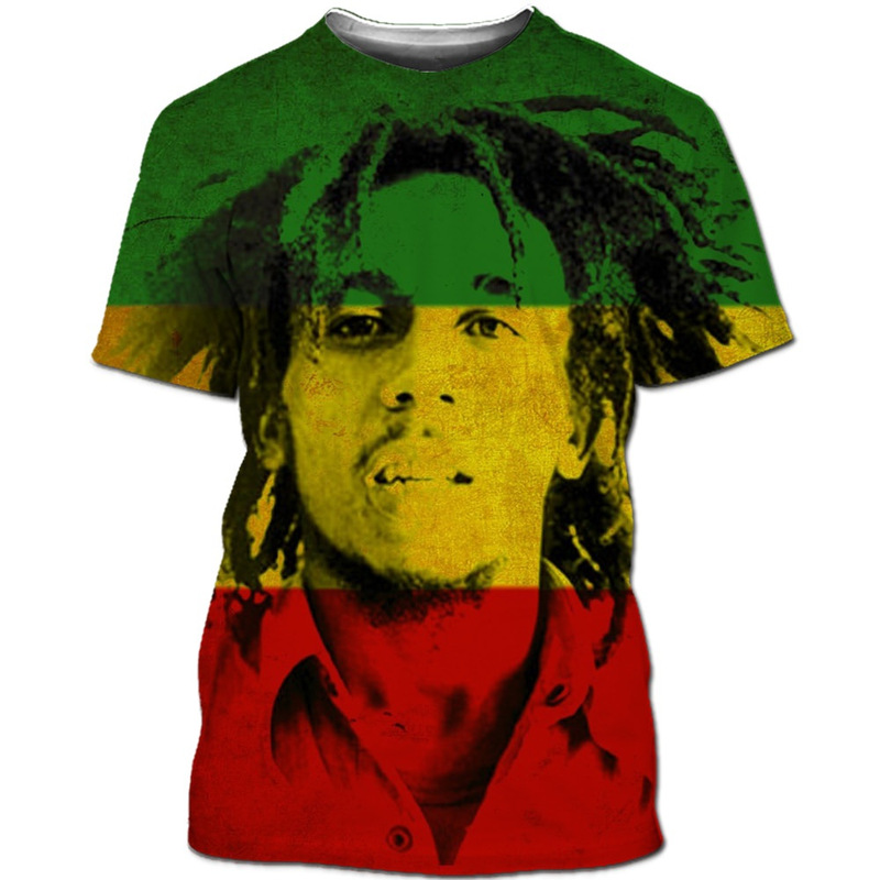 2025 New Cross-Border Digital 3D Printed Bob Marley Reggae Men's T-Shirt Domineering Round Neck Short-Sleeved Top
