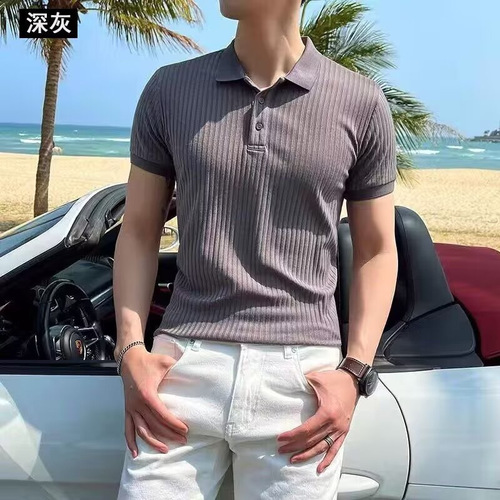 Ins Youth Crew Neck T-Shirt Plaid Knit Polo Shirt Short Sleeve Trendy Brand Summer Top Fashion Men's T-Shirt