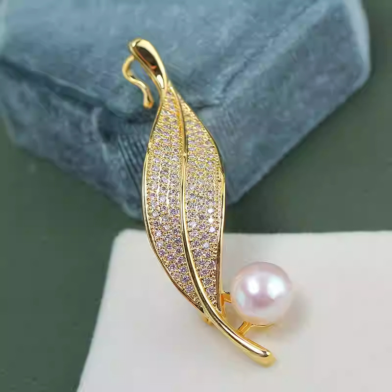 DIY Accessories Copper Gold-Plated Micro-Paved Zircon Leaf Brooch Exquisite Accessories Pearl Corsage Empty Brooch Jewelry