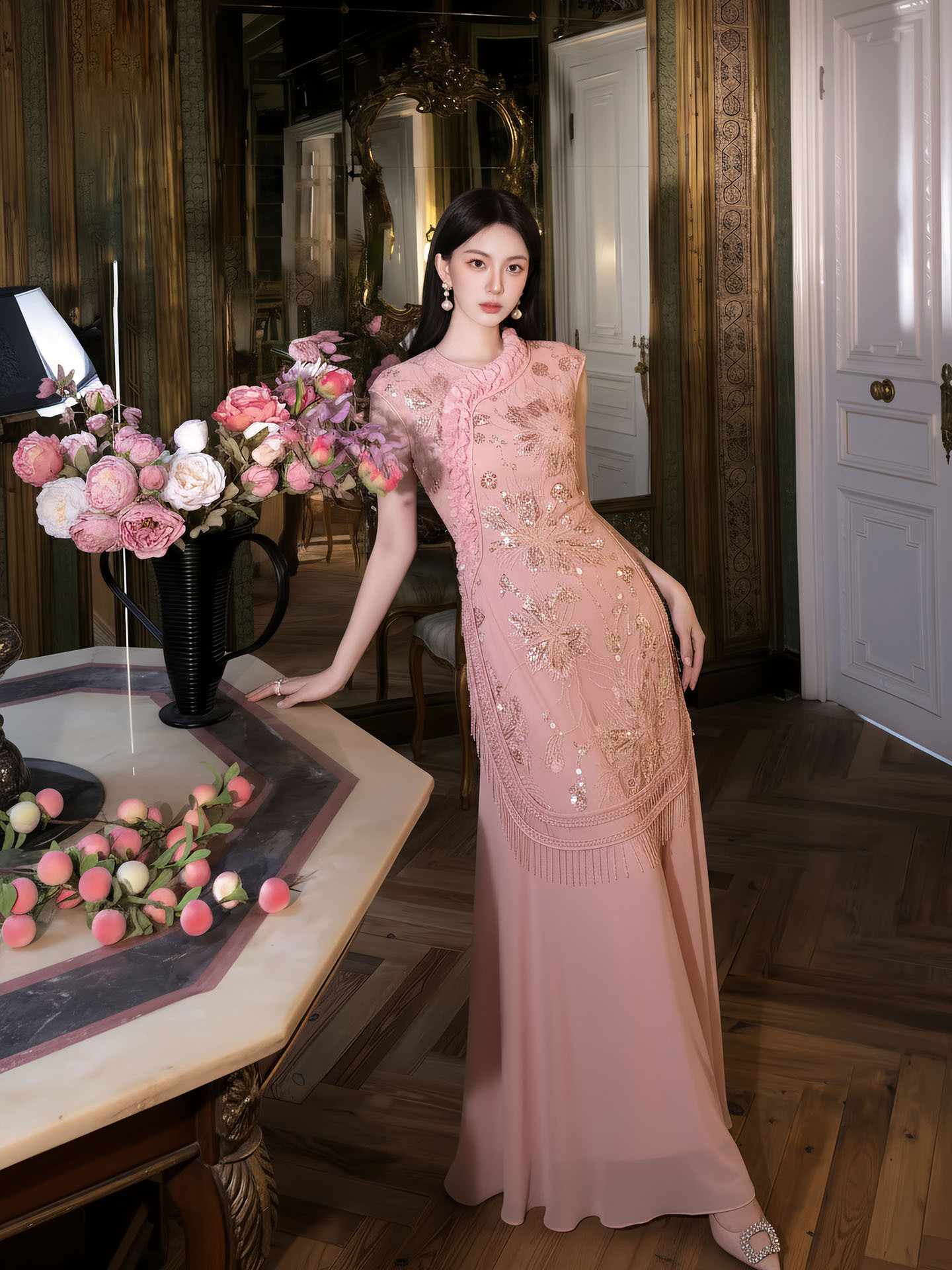 Đầm maxi nữ thắt eo thiết kế hoa nổi thêu ren cao cấp — màu hồng
