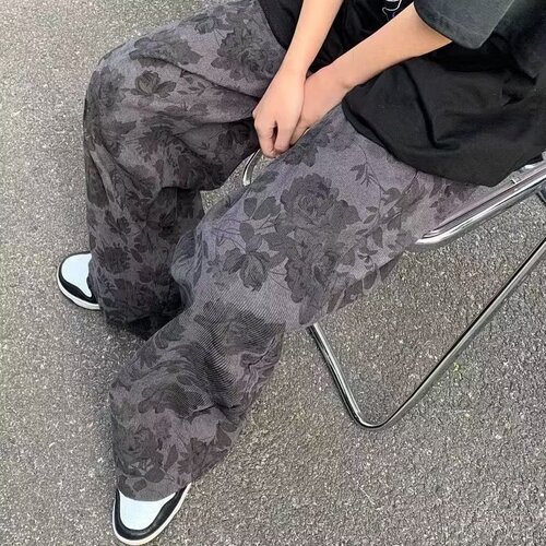 Men's Spring American Retro Floral Casual Loose High-Waist Straight Leg Long Pants Slim Wide Leg Pants Trendy