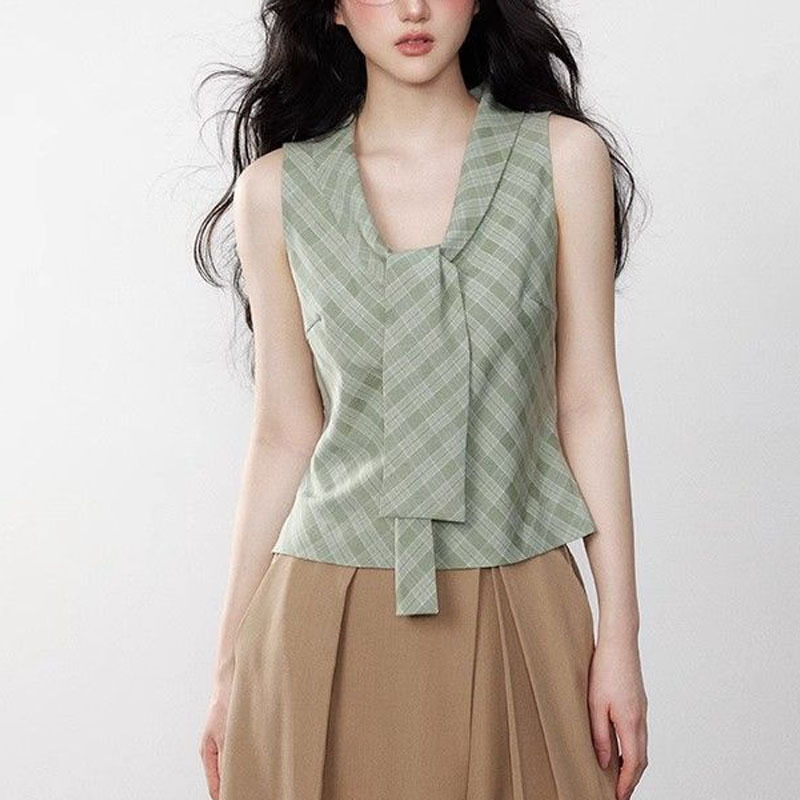 French-Style Green Plaid Camisole Women's Clothing 2025 Summer New Tie-Neck High-End Sleeveless Versatile Tank Top
