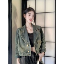 牛仔外套女春秋短款复古美式高街翻领上衣机车夹克别致设计感