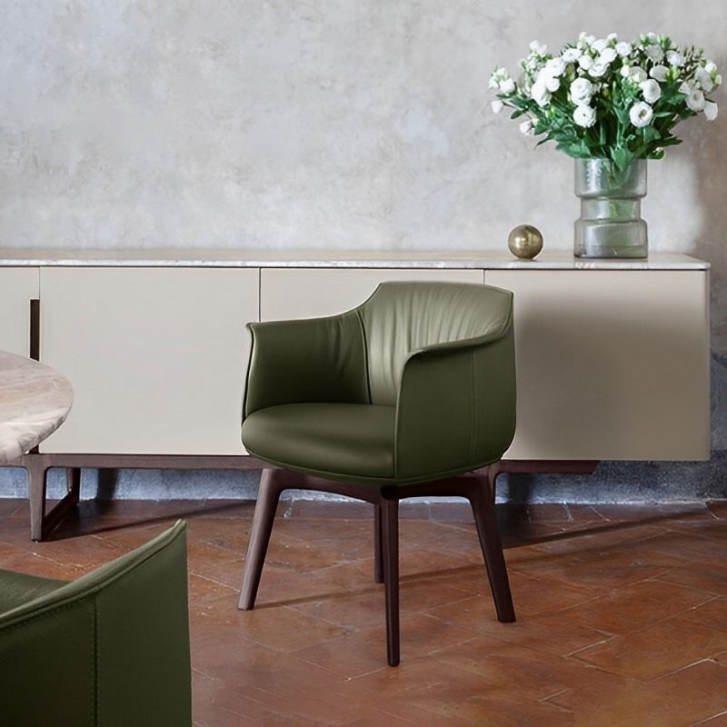 Italian Minimalist Leather Swivel Dining Chair Home Restaurant Cafe with Armrest Negotiation Chair Solid Wood Hotel Leisure Chair