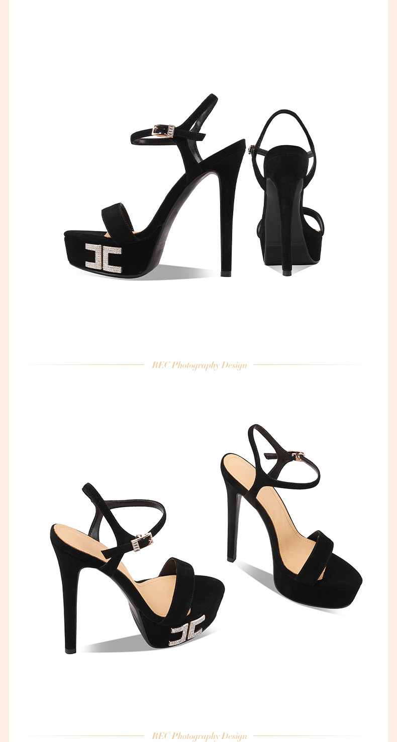 Sandal cao gót nữ hở mũi đế platform siêu cao gót 13 cm, quai ngang đính đá, khóa dây — đen 13cm chi tiết 3