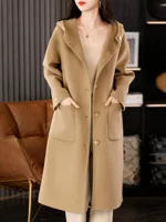 Двустороннее шерстяное пальто длины миди (женское), с капюшоном, демисезон, вестерн‑стиль