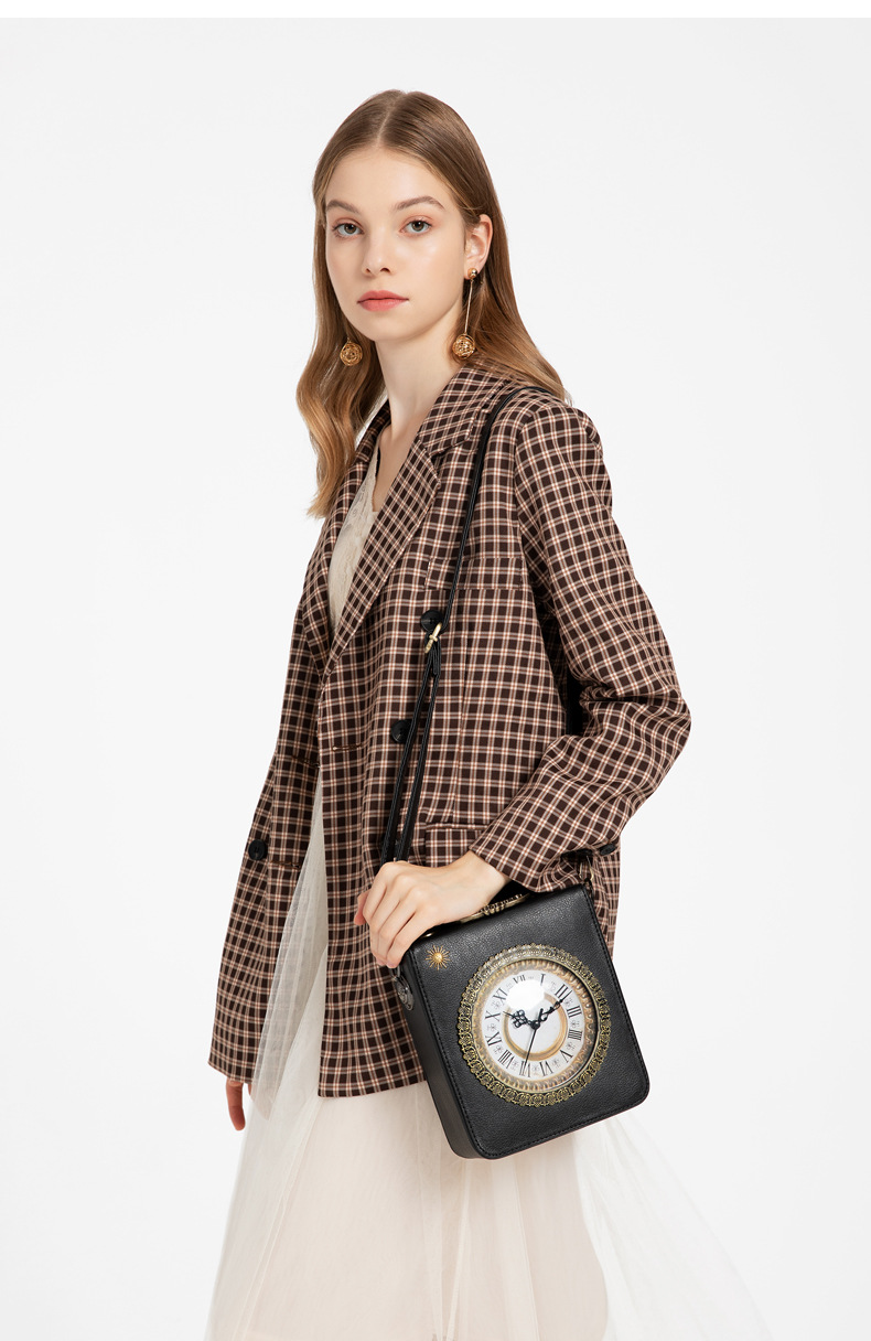 534g Weight Zipper Closure Type Women's Medium Pu Leather Clock Vintage Style Square Zipper Handbag