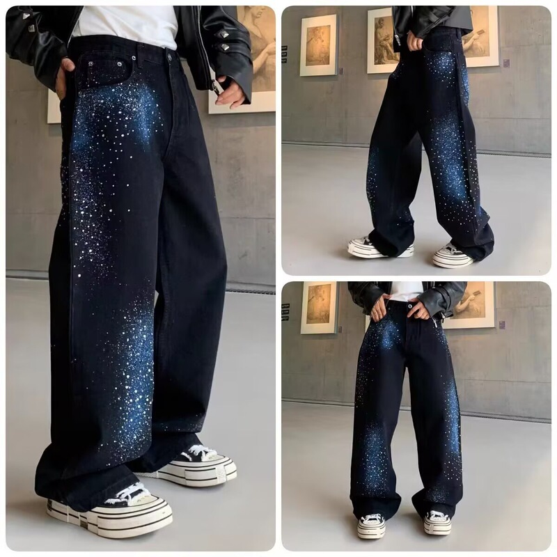 Starry Sky Sparkling Diamond American Style Trendy Brand Heavy-Duty Galaxy Black Washed Graffiti Jeans for Men High-Quality Flashing Loose Pants Starry Sky Sparkling Diamond American Style Trendy Brand Heavy-Duty Galaxy Black Washed Graffiti Jeans for Men High-Quality Flashing Loose Pants