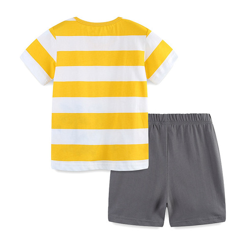 24 European and American children's summer set, boy's knitted cotton dinosaur embroidered patchwork two-piece set, middle child fashion set