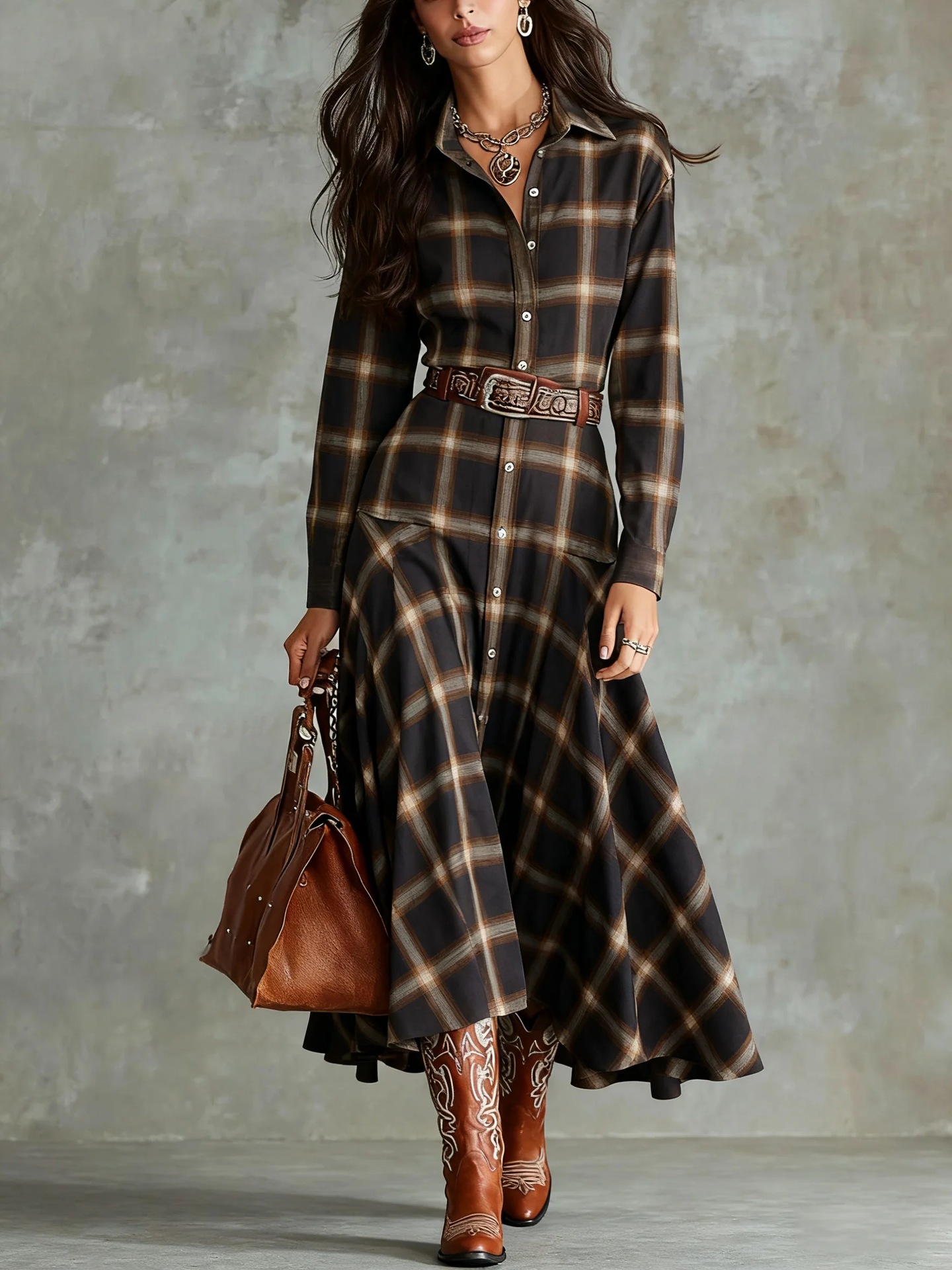 2025 European and American Clothing Retro Elegant Style Long-Sleeved Plaid Shirt Women's Loose Waist Large Size Outwear Dress