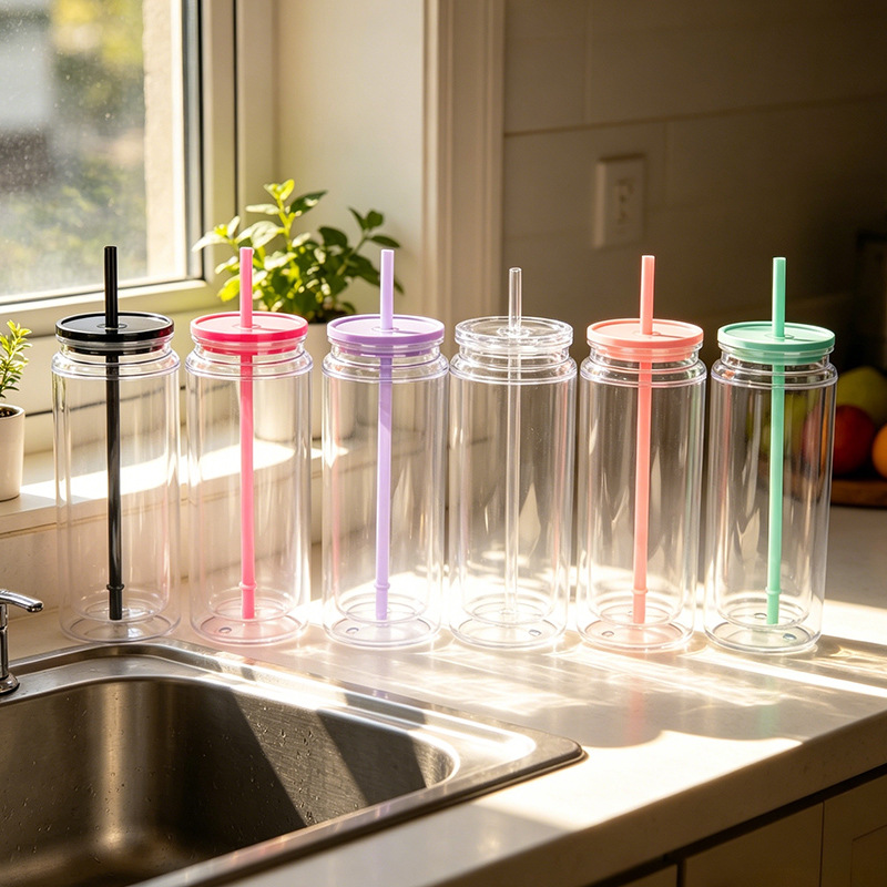 Tazas de plástico ps de color 20oz tazas de plástico Mason tazas de gelatina ecológica tazas de pajitas de color portátiles resistentes a caídas